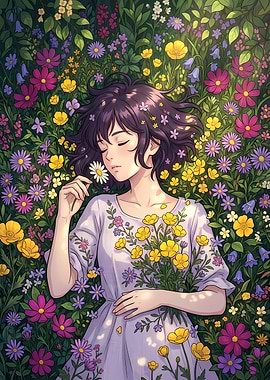 Girl Sleeping in a Field of Flowers