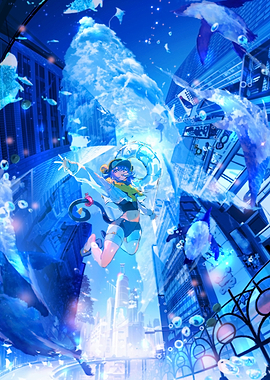 Anime Girl in a Blue Cityscape