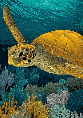 Sea Turtle Swimming Over Coral Reef