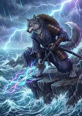 Wolf Samurai in a Storm