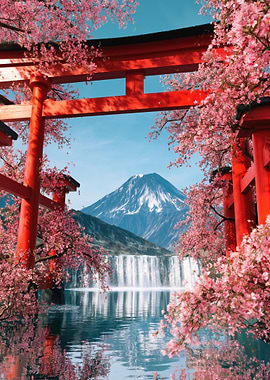 Torii Gate with Cherry Blossoms and Mount Fuji