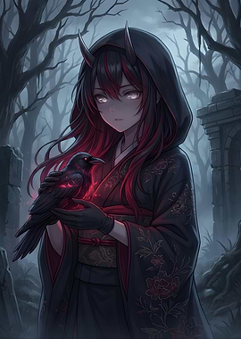 Anime Girl with Crow in Forest