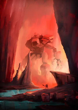 Giant Mech in a Fiery Cave