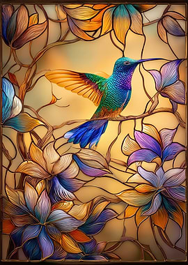 Stained Glass Hummingbird and Flowers