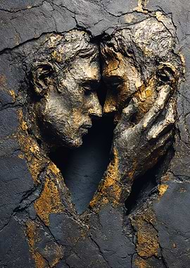 Golden Gay Couple Faces Heart Stone Relief