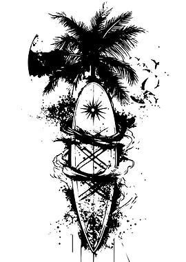 Surfboard with Palm Tree and Birds