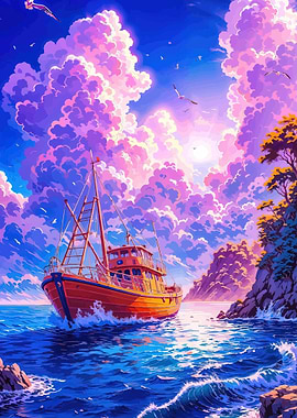 Fishing boat sailing through vibrant clouds