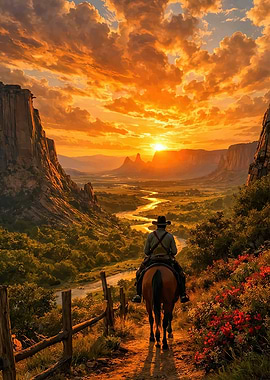 Cowboy Riding Horse at Sunset