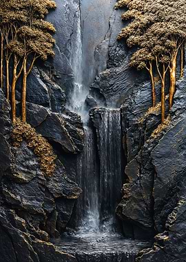 Golden Trees Waterfall Stone Relief