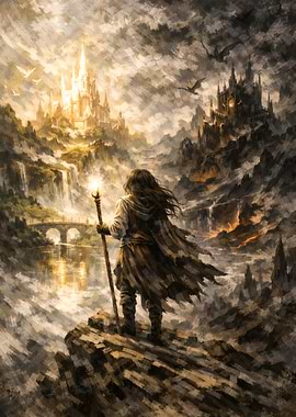 Fantasy Landscape with Wizard and Castles