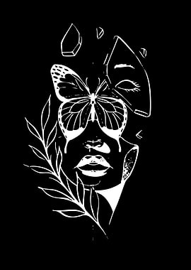 Abstract Face with Butterfly and Leaves