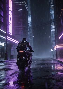 Cyberpunk Motorcycle Rider in Neon Rain