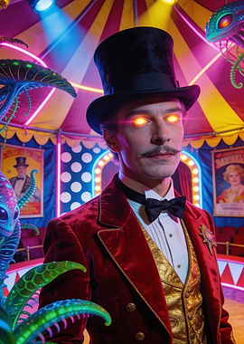 Circus Ringmaster with Glowing Eyes and Alien Creatures