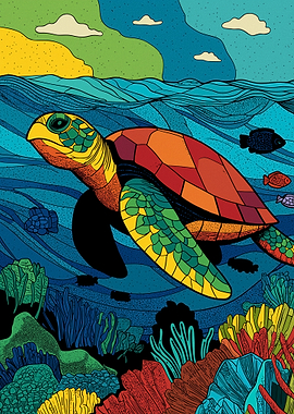 Sea Turtle Swimming Over Coral Reef