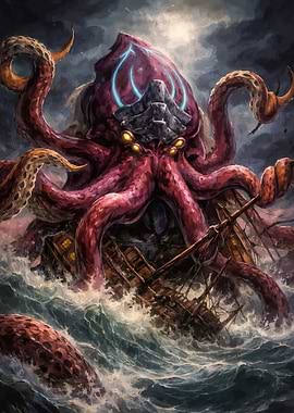 Kraken Attacks Ship in Stormy Seas