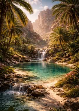 Oasis Waterfall in a Tropical Canyon