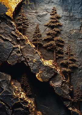 Golden Pine Trees Stone Relief