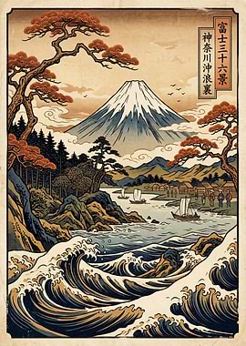 Ukiyo-e style Mount Fuji landscape