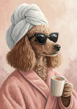 Poodle in Robe and Sunglasses with Coffee