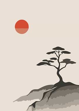 Minimalist Japanese Landscape with Bonsai Tree