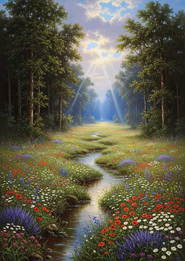 Enchanting Forest Stream with Wildflowers