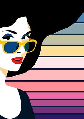 Woman with Sunglasses and Striped Background