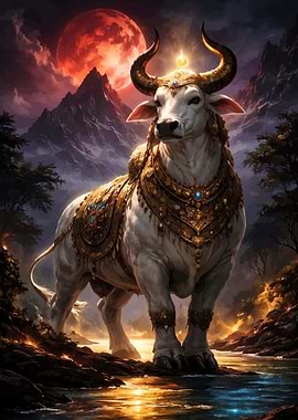 Majestic Bull Under Red Moon