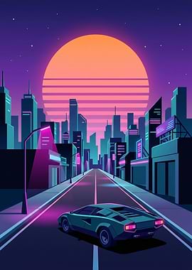 Retro Car in Neon Cityscape