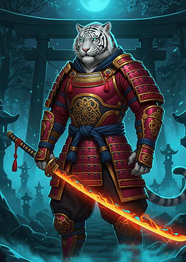 Samurai White Tiger with Fiery Katana
