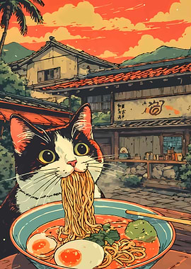 Cat Eating Ramen in Japan