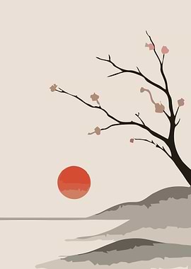 Minimalist Japanese Landscape with Cherry Blossoms
