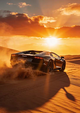Black Lamborghini Drifting in Desert Sunset