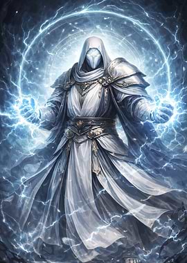 Mysterious hooded figure wielding lightning