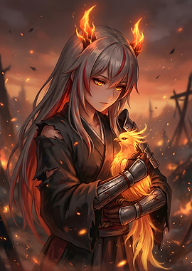 Fiery Girl Holding a Phoenix