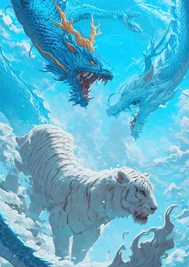 Dragons and White Tiger in Sky