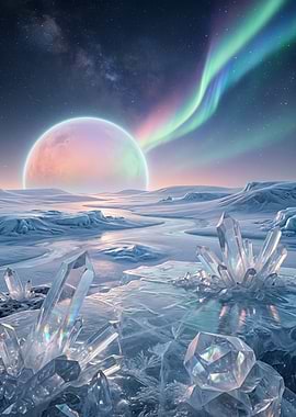 Alien Crystal Landscape with Aurora