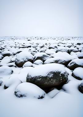 Snow-covered rocks on a foggy day