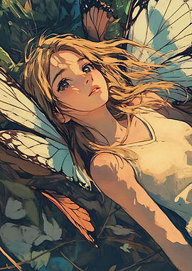 Anime Fairy Girl with Butterfly Wings Retro Vintage