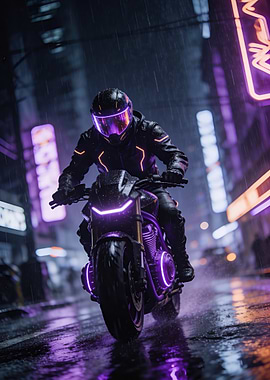 Cyberpunk Motorcycle Rider in Neon City Rain