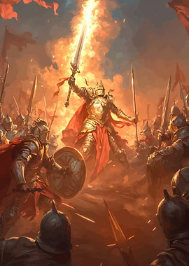 Knight King Raises Flaming Sword
