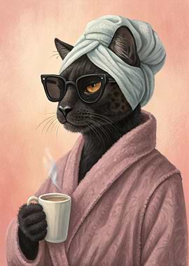 Panther in Robe and Turban with Coffee
