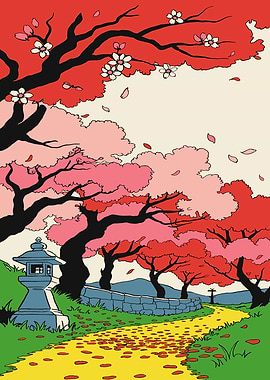 Cherry Blossoms and Stone Lantern Path