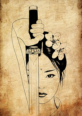 Warrior Woman with Sword and Flowers
