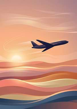 Airplane flying over colorful landscape at sunset