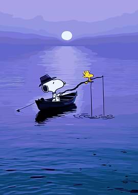 Snoopy and Woodstock fishing at sunset