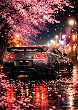 Nissan GT-R under Cherry Blossoms at Night