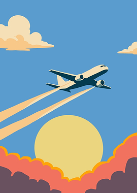 Airplane flying over sun and clouds