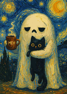 Ghost holding cat with 'Meh' mug