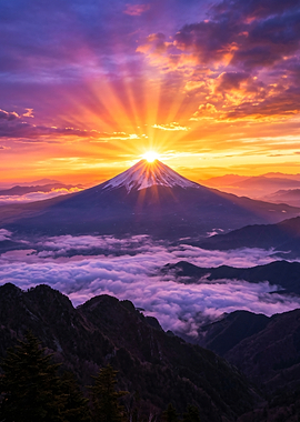 Mount Fuji Sunrise Over Clouds
