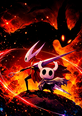Hollow Knight and Hornet in Fiery Landscape